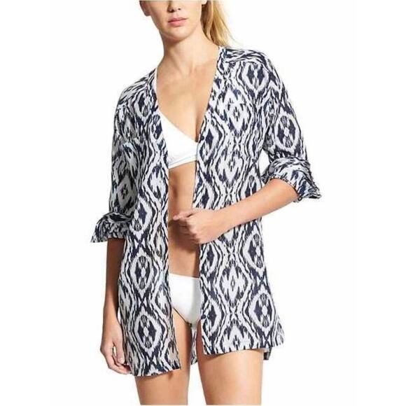 Athleta Dresses & Skirts - Athleta Ikat Bloom Kaftan Blue White Shirt Dress Cotton Silk Small Cover Up Chic